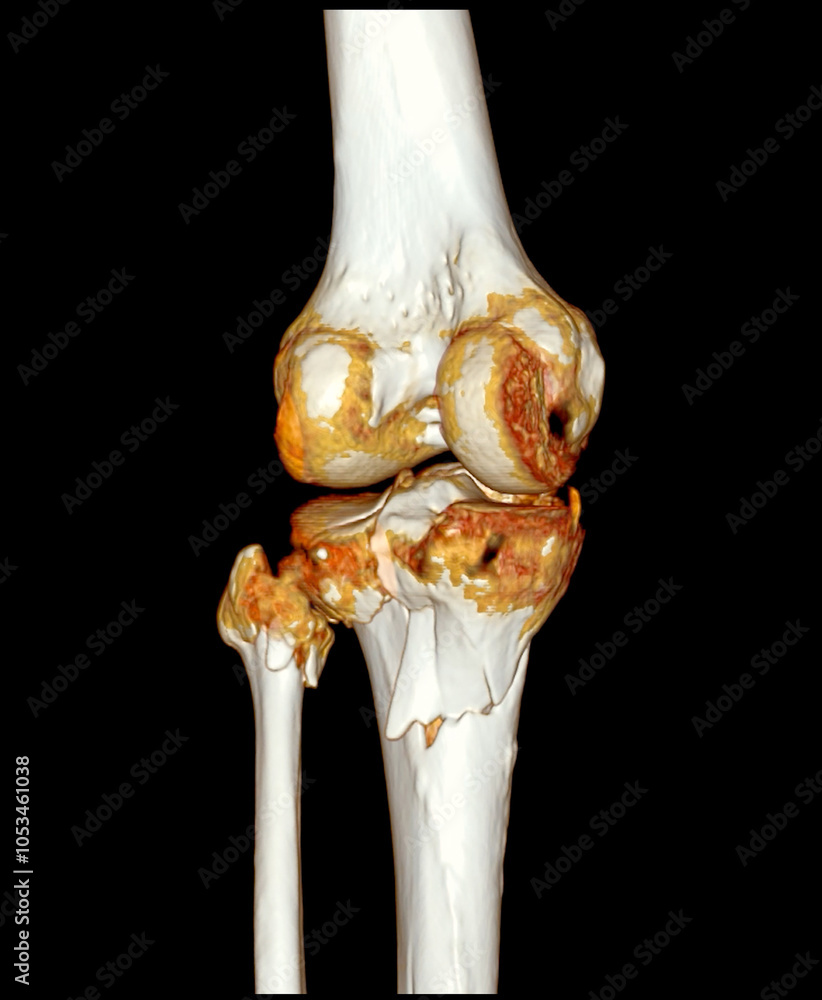 Poster trauma case: tibia and fibula fracture in 3d ct scan.a detailed 3d medical scan showing traumatic fr