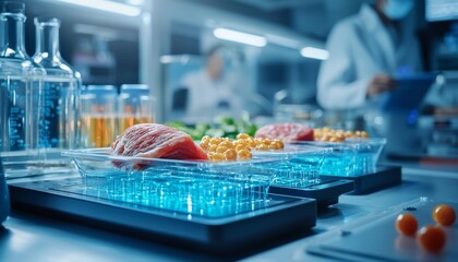 A well-equipped laboratory setting showcasing food samples being analyzed, with vibrant colors and scientists in the background.