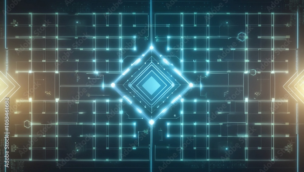 Poster abstract digital grid with geometric patterns illuminated by subtle lighting effects, symbolizing mo