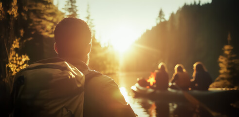 Canoeing group enjoys a fireside sunset gathering by the river, with golden hues filling the forested landscape, portraying warmth and togetherness.