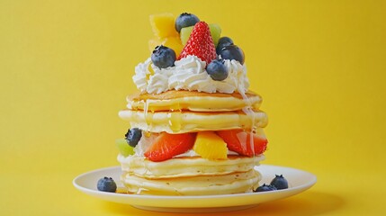 Delicious Stack of Pancakes with Whipped Cream and Fresh Fruit