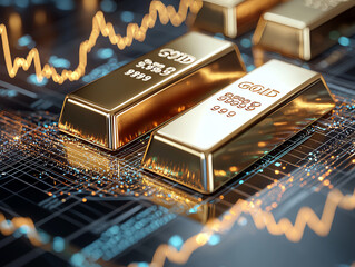 Closeup of gleaming gold bars with rising financial graphs illustrating the surge in precious metal investments and economic trends