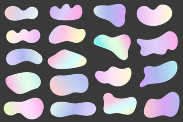 Abstract gradient shapes. Fluid vector blobs with liquid color gradation. Organic irregular watercolor elements. Amoeba iridescent holographic design on dark background.