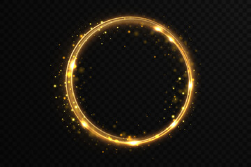Christmas circle background with golden light neon effect. Glowing circle line with neon effect. Glowing blue circle trace. Magical glitter swirl trail effect on black background. 
