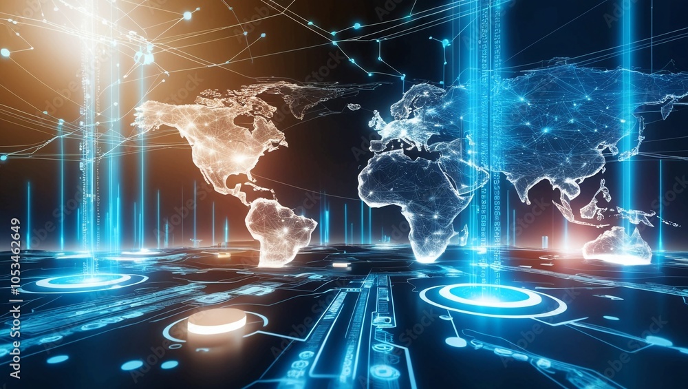 Poster futuristic digital landscape with glowing blue data streams and advanced tech elements, representing