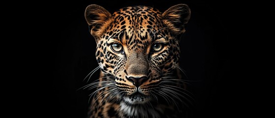 Fototapeta premium Close-up portrait of a leopard's face with piercing eyes and a focused gaze.