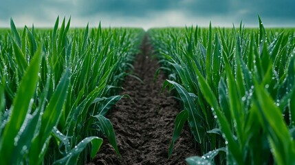 Obraz premium Lush Green Cornfield Rows with Dew Drops After Rain