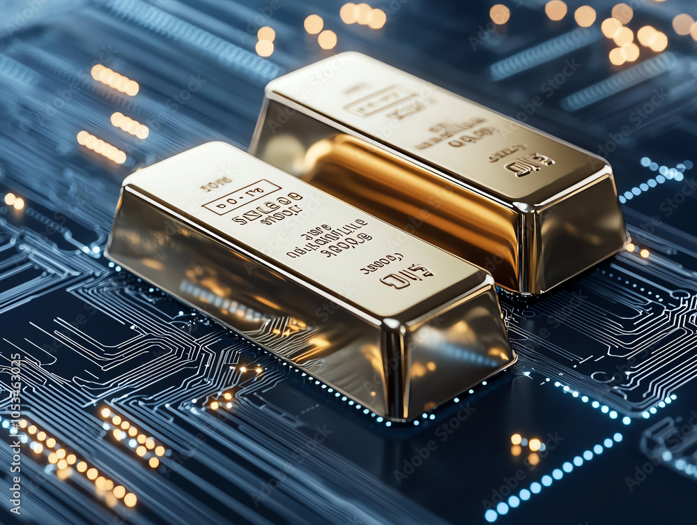 Poster exploring the intersection of wealth and technology analyzing gold bars in the age of digital financ