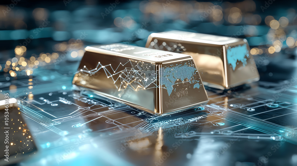 Poster exploring the intersection of wealth and innovation a visual representation of gold bars amidst futu