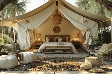A glamping setup with a luxury tent, comfortable furniture
