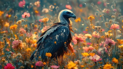 Obraz premium A majestic vulture stands in a field of vibrant wildflowers, bathed in the soft glow of the setting sun.