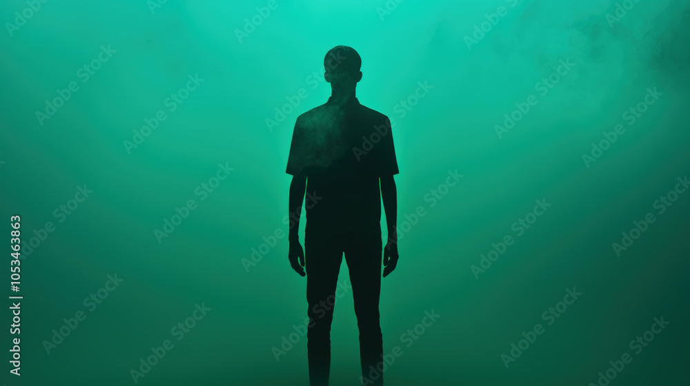 Poster man stands in dark, surrounded by fog and illuminated by soft green light, creating mysterious and a
