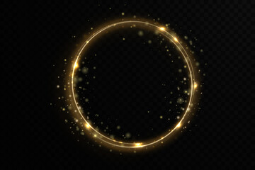 Christmas circle background with golden light neon effect. Glowing circle line with neon effect. Glowing blue circle trace. Magical glitter swirl trail effect on black background. 
