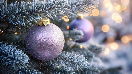 Festive Christmas tree with decorations with glittery baubles, frosted evergreen branches, illuminated by warm lights on a blur background. Merry Christmas banner and poster