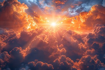 An ultra-sharp photo showcasing a celestial display of white and golden clouds, with sunbeams piercing through, embodying the essence of divine light and spiritual hope.