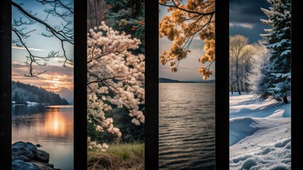 Several vertical images of different landscapes of the seasons.