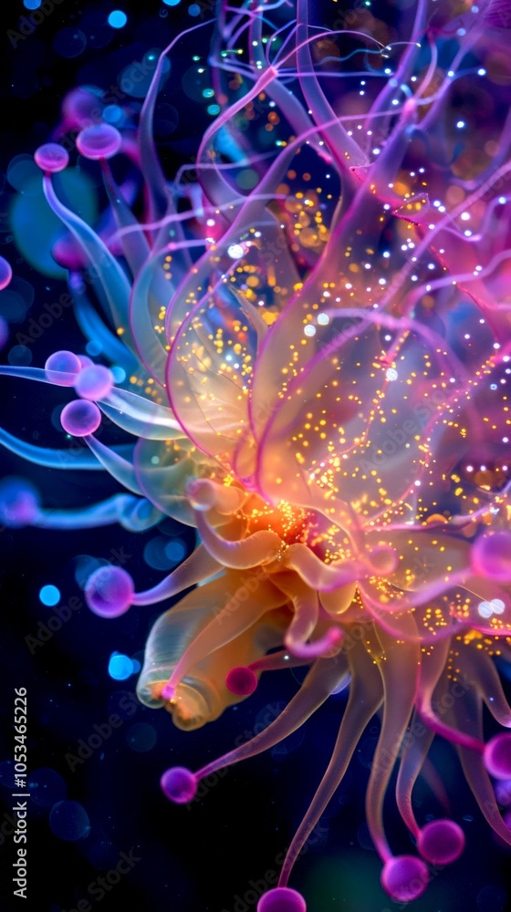 Poster a mesmerizing underwater scene featuring vibrant jellyfish surrounded by colorful bubbles and soft g