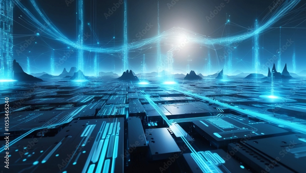 Poster  Futuristic digital landscape with glowing blue data streams and advanced tech elements, representing a global network or digital communication infrastructure in a high-tech setting