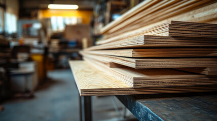 Stacked plywood sheets in a workshop setting