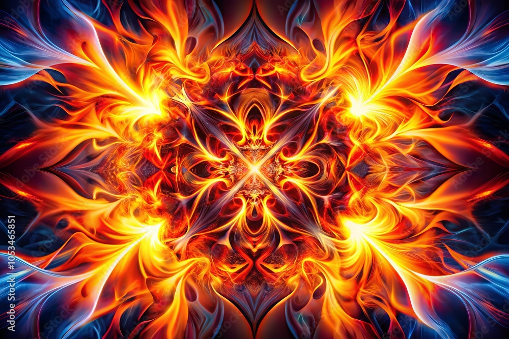 Poster symmetrical fiery abstract forms in dynamic colors, vibrant patterns and textures, visual harmony, e