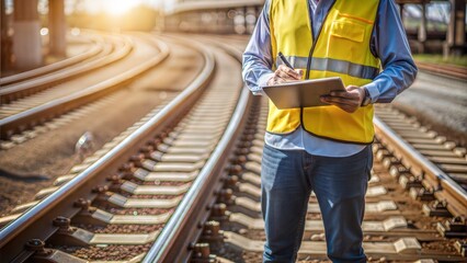 Fototapeta premium Railway Engineer Inspecting Tracks with Tablet at Sunset