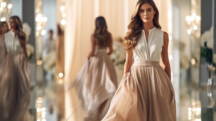 Fototapeta premium A chic fashion model in luxurious attire, confidently walking the catwalk with a radiant smile.