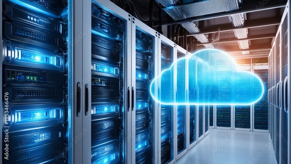 Poster high-tech server room with glowing blue lights and advanced infrastructure, symbolizing cloud comput