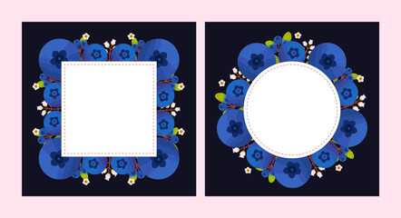 Square and circle size of blueberry flowers greeting card and invitation template for wedding or birthday anniversary, Vector shape of text box label and frame