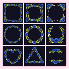 Vector shape of blueberry flowers frame, Floral border box label of wreath with branch and leaves