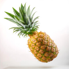 Obraz premium Pineapple fruits with leaves floating or flying isolated white background