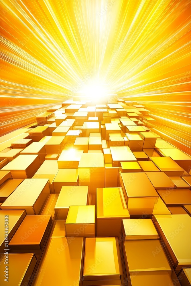 Poster golden success path abstract background design with shiny cubes and radiant golden light rays