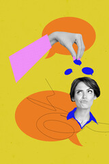 Vertical creative art collage of minded girl pouted lips hand hold colorful bubble communication...