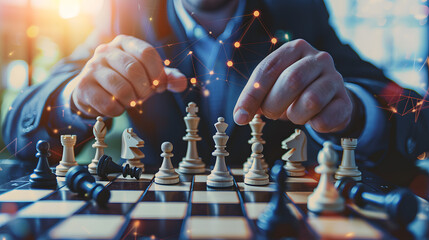 businessman strategically moving chess pieces, planning and decision-making in digital marketing strategy concept