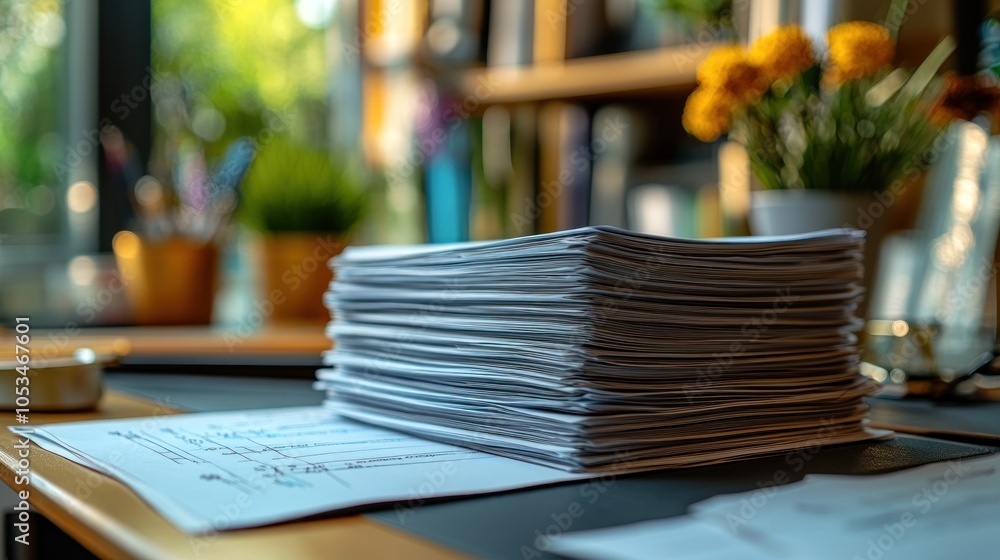 Poster a stack of documents on a desk with a cozy background.