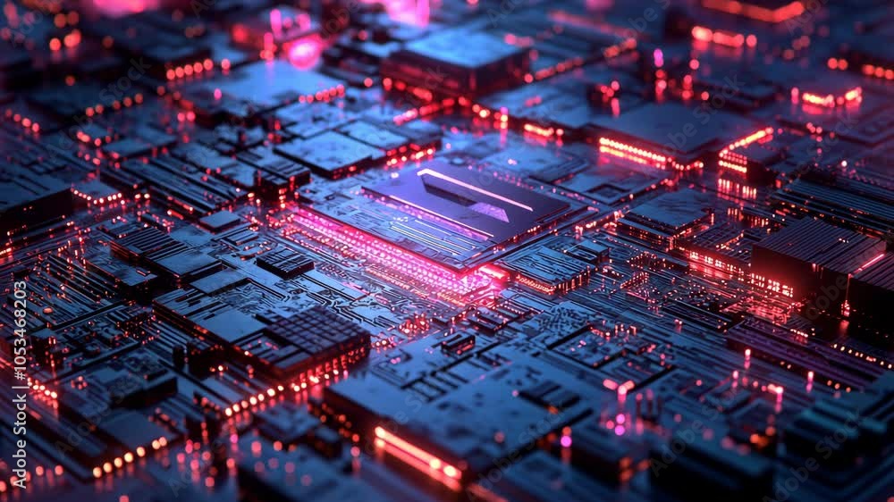 Poster a close-up view of a circuit board with glowing red lights