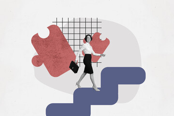 Composite photo collage of happy businesswoman walk puzzle element success match promotion carry...