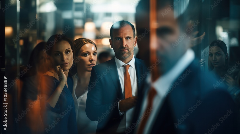 Poster an abstract close-up of a blurred reflection in a mirror depicting a group of professionals looking 