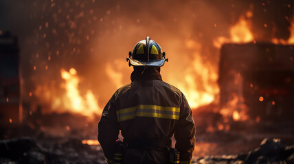 Naklejka premium one firefighter, a man on fire, a view from the back, against the background of a burning fire in a fire, fiction, computer graphics
