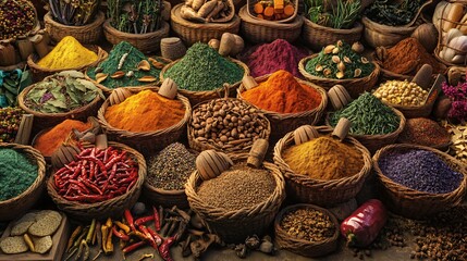 Aromatic Spices and Herbs in Baskets at an Indian Market