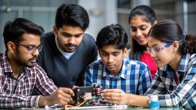 Indian Students participating in a hands-on technology workshop at university.
