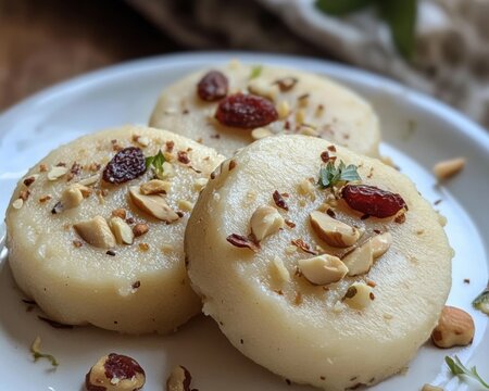 Festive Indian pedha sweets made from condensed milk and sugar, garnished with nuts