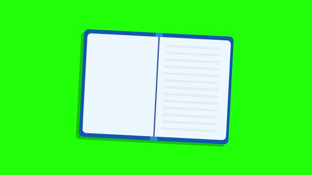 Book opening green screen. Animated turning book. Open book cartoon animation. Perfect for educational themed footage, presentations. Blank notebook, perfect for note-taking. flat 2d motion