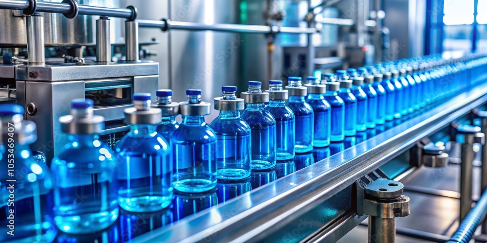 Poster vials of blue liquid on production line in factory setting with high depth of field for industrial a