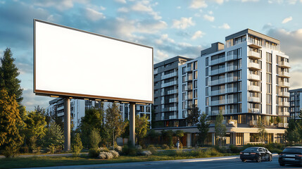 Obraz premium prominent blank white billboard stands beside modern residential buildings, showcasing potential