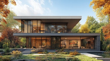 Modern house with large glass windows in a vibrant autumn setting.