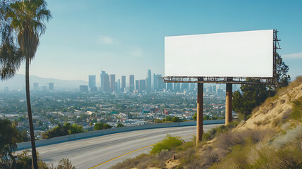 white blank billboard prominently displayed on hillside overlooking cityscape