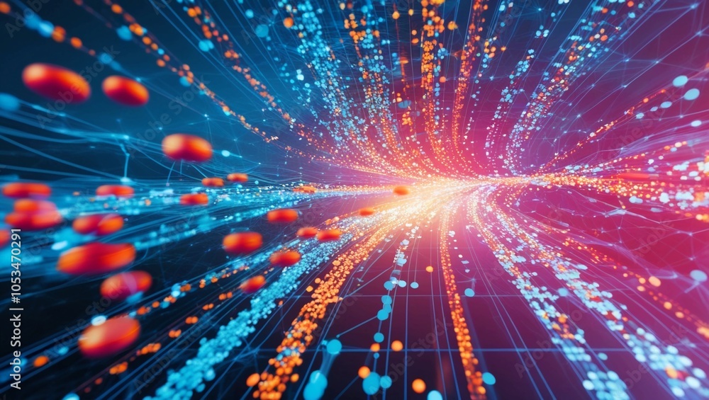Poster  Abstract digital display of bright, colorful data points and flowing patterns, illustrating big data analysis, network traffic, and advanced computational technology