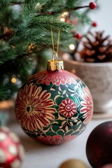 Hand-painted christmas ornament with a floral design hanging on a christmas tree, adding a touch of...