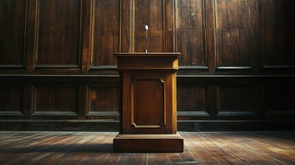 Polished wooden podium with a rich, dark stain, spotlighted in a classic setting.