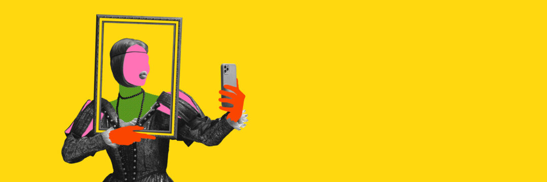 Royal woman, medieval princess taking selfie inside picture frame against bright yellow background. Contemporary art collage. Social media, blogger. Concept of history, fusion, comparison of eras